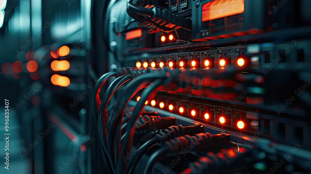 Poster close-up of a server room with cables symbolizing global connectivity.