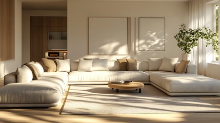 Fototapeta premium Elegant Scandinavian inspired modern living space with a large U shaped sectional sofa warm accent colors and a bright airy natural sunlit interior with photographic details and a calming