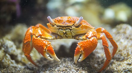 A vibrant orange crab resting on sandy sea floor, showcasing its claws and intricate shell textures in an underwater environment.