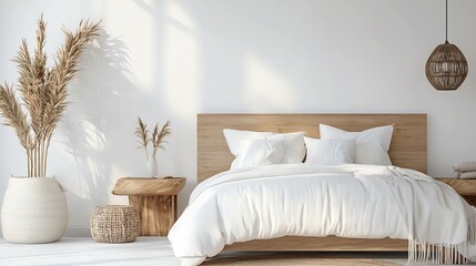 Modern bedroom, neutral palette, cozy rug, 3D illustration