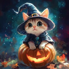 a cute anime cat in a witch costume sitting on a pumpkin