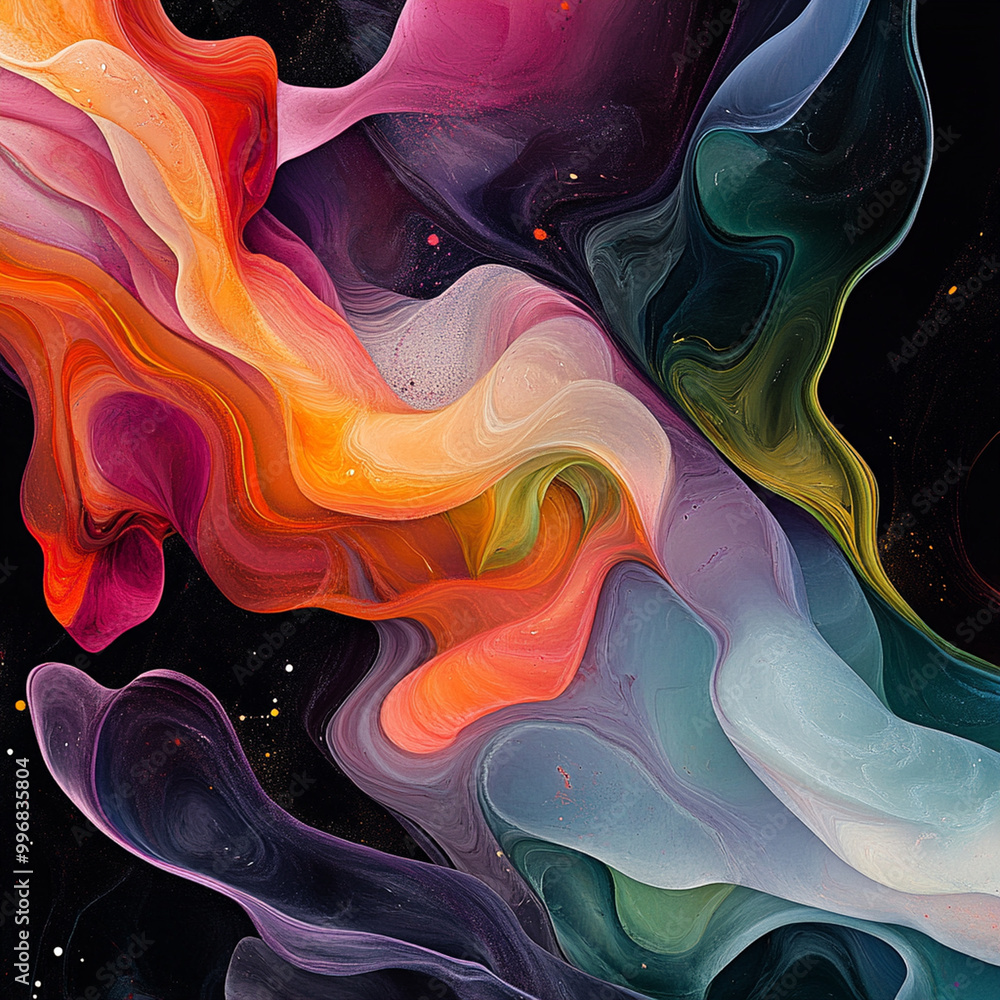 Poster vibrant abstract fluid shapes in mesmerizing blend of colors create an organic and dynamic compositi