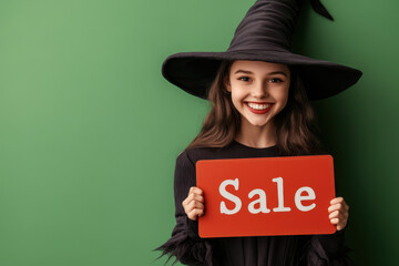 A cheerful young woman wearing a witch hat holds a red sale sign, perfect for Halloween promotions or festive marketing.