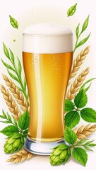 Watercolor depiction of a beer glass with foam showcasing surrounding hops barley and leaves emphasizing brewing components