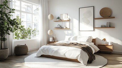 Modern bedroom with builtin shelves, clean aesthetics, 3D illustration