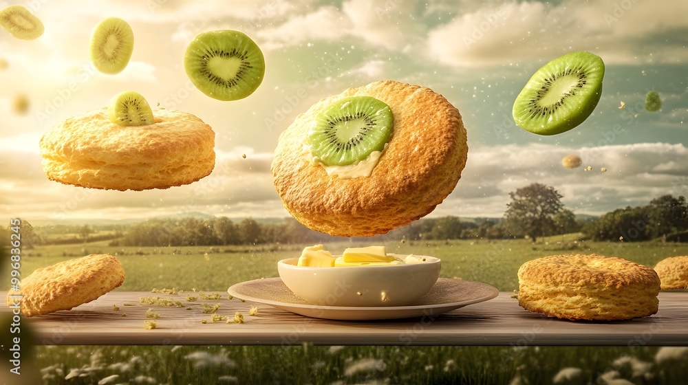 Poster magical breakfast tableau featuring giant drifting biscuits floating kiwi slices and a gravity defyi