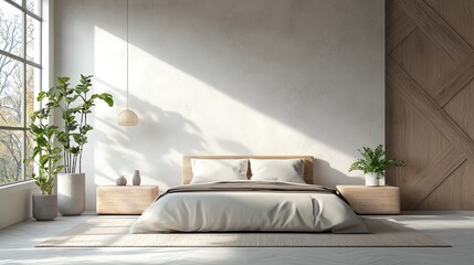 Modern bedroom with geometric patterns, clean lines, 3D illustration