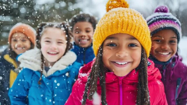A group of smiling diverse children enjoying a snowy winter day in the park, making memories while playing together in the fresh snow, wearing colorful jackets