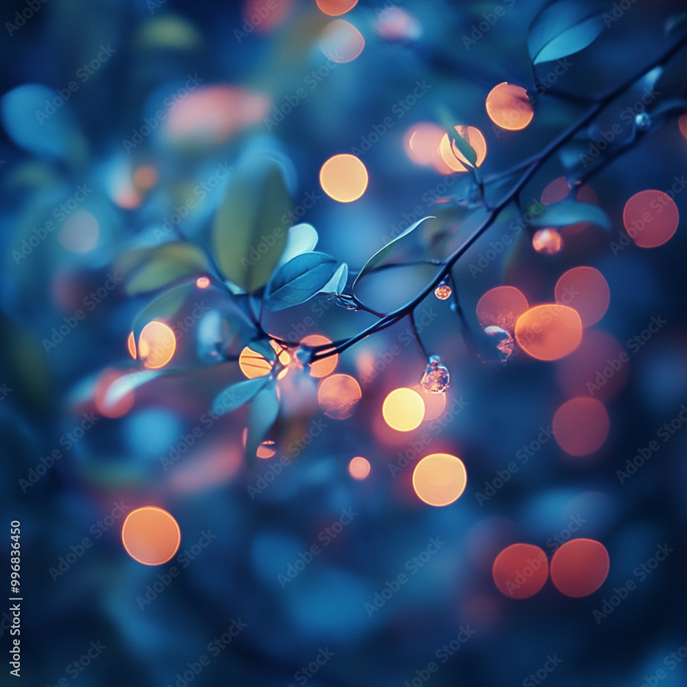 Poster bokeh lights in cool tones create an enchanting abstract background, highlighting delicate leaves an