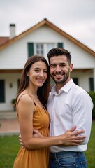 Naklejka premium Young couple embracing happily outside their new home depicted in neural-network art