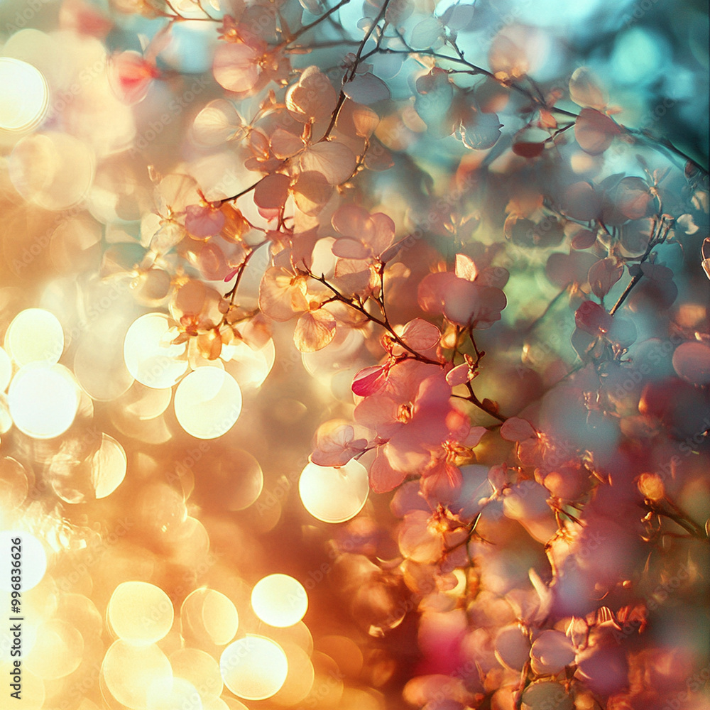 Poster bokeh patterns in soft and warm colors create an enchanting atmosphere, highlighting delicate organi