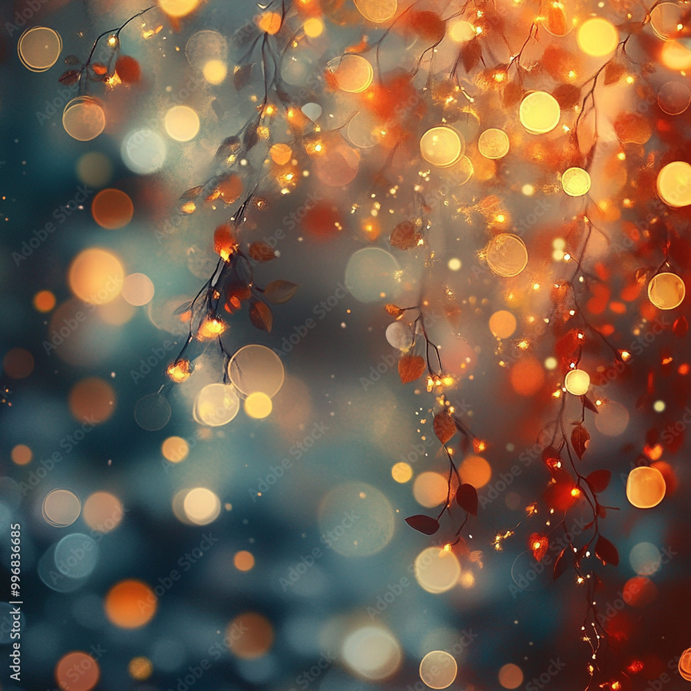 Poster Bokeh patterns in soft and warm colors create an enchanting atmosphere with organic shapes and glowing lights. This image evokes sense of tranquility and wonder