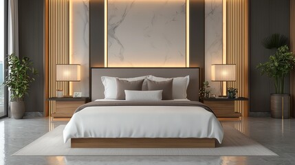 Modern bedroom with soft lighting, luxurious bedding, 3D illustration