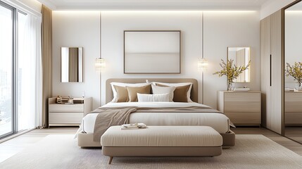 Modern bedroom with statement lighting, neutral color scheme, 3D illustration