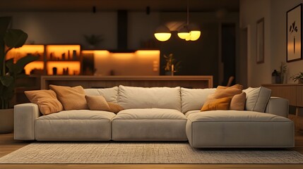 Inviting and comfortable modern living space featuring a plush sectional sofa clean lines and minimalist Scandinavian influenced decor with warm tones and natural lighting