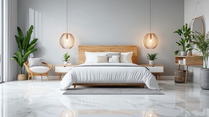Sleek bedroom, white and gray tones, minimal furniture, 3D illustration