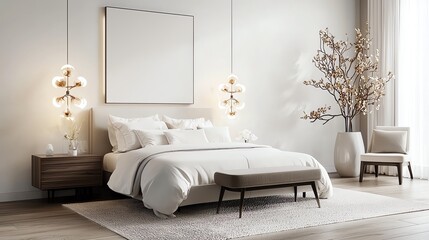 Sleek contemporary bedroom, minimal decor, statement lighting, 3D illustration