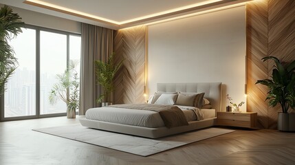 Sleek contemporary bedroom, minimal decor, statement lighting, 3D illustration