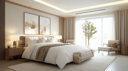 Fototapeta premium Spacious modern bedroom, luxurious bedding, soft lighting, 3D illustration