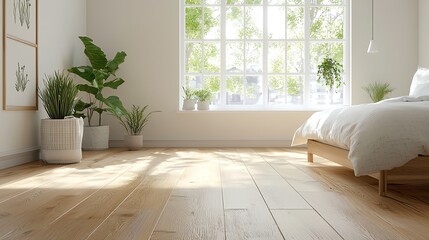 Spacious modern bedroom, wooden floors, natural light, 3D illustration