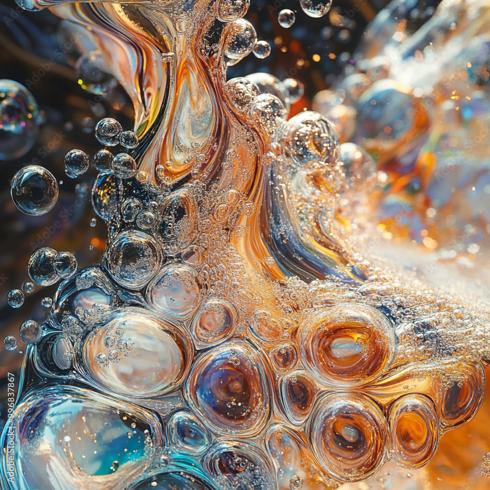 Poster bubbles merging to form intricate patterns create mesmerizing organic shape, showcasing vibrant colo