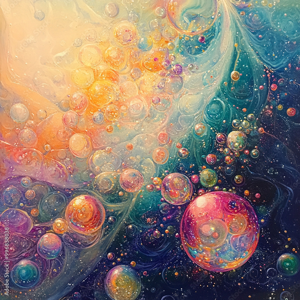 Poster bubbles with iridescent colors create mesmerizing and intricate pattern, evoking sense of wonder and