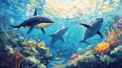 Obraz premium A vibrant underwater scene featuring three dolphins swimming among colorful coral and sea life, illuminated by sunlight.