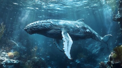 Fototapeta premium Majestic Humpback Whale Gracefully Surfacing in a Serene Underwater Ocean Landscape Offering a Glimpse into the Beauty and Mysteries of the Marine World