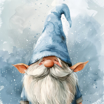  Watercolor of  Winter gnome ,Cute Scandinavian gnome in blue hat,Nordic gnome illustration,gnome on blue background
