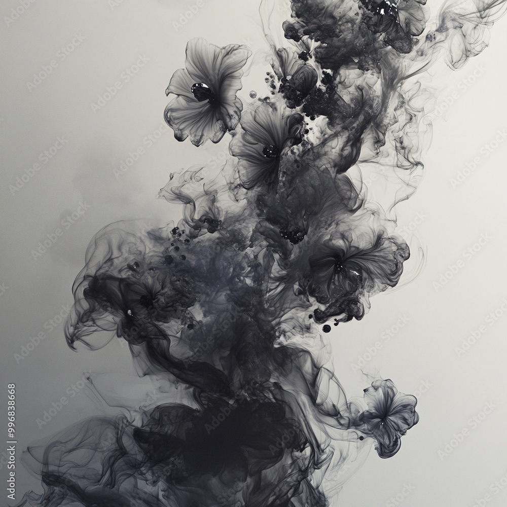 Poster ethereal ink drops forming abstract floral patterns create mesmerizing visual effect, blending organ