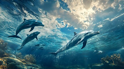 Naklejka premium Majestic pod of dolphins gliding gracefully through the tranquil azure waters of the tropical ocean showcasing the beauty and wonder of the marine ecosystem