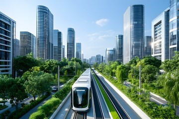 Obraz premium Futuristic Eco Friendly Urban Landscape with Electric Public Transportation and Green Rooftops