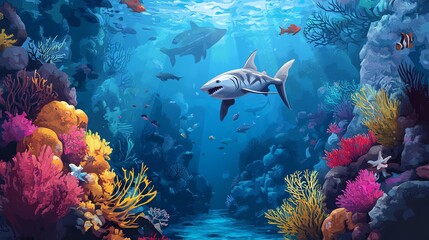Obraz premium A vibrant underwater scene showcasing diverse corals and a graceful shark swimming among colorful marine life.