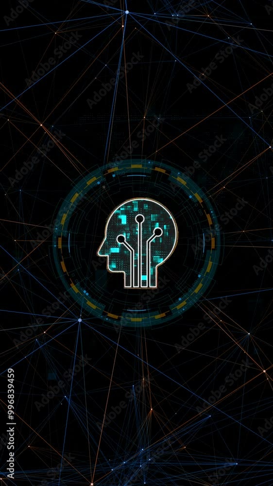 Poster motion graphic of blue digital robot head with circle futuristic hud elements and orange line connec