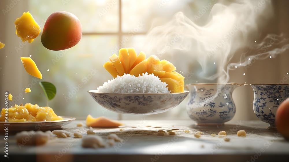 Poster Mango and sticky rice effortlessly floating in a scene