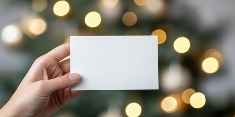 Stylishly adorned Christmas tree with golden lights in the backdrop, with a hand clutching an empty greeting card.