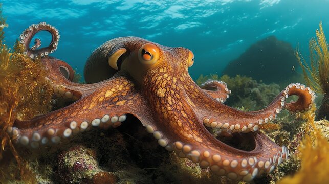 An underwater view of a vibrant octopus gracefully navigating its ocean habitat among colorful corals and plants.