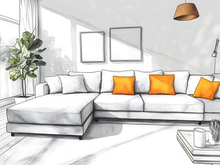 Inviting and Cozy Modern Living Room with Minimalist Sectional Sofa and Chic Stylish Decor Evoking a Sense of Tranquility and Calm