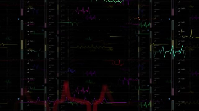 CGI 3D footage of multicoloured medical waveforms and cardiograms from ECG patient examinations moving forwards through space on three-dimensional black background