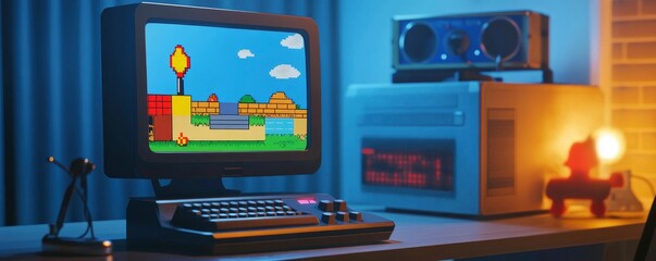 An old-fashioned PC with a nostalgic pixelated game on the screen