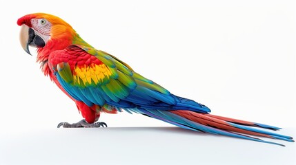 Obraz premium A Macaw Parrot perched on a pristine white background, showcasing its beauty and allure