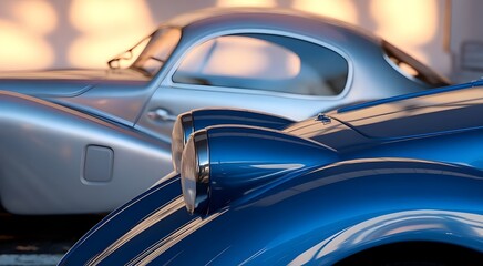 Fototapeta premium CloseUp of Two Vintage Cars. Contrast of Sleek Silver and Royal Blue with Sunset Reflections
