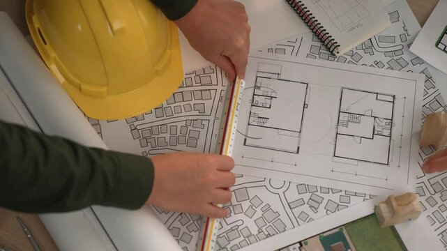 Architect and safety engineer discussion about building construction use blueprint on table with architectural document, measurement tool and wooden block scatter around at modern office. Delineation.