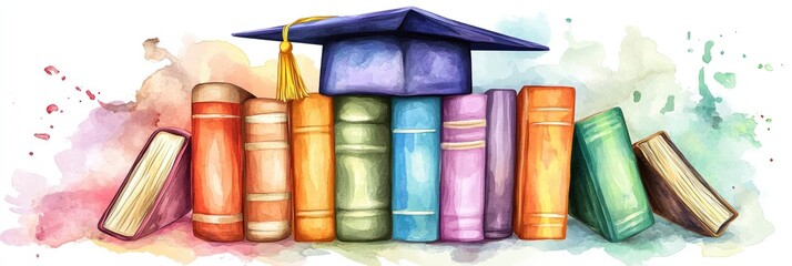 A clipart depicting a graduation emblem with a tassel-adorned graduation cap and a pile of vibrant books.