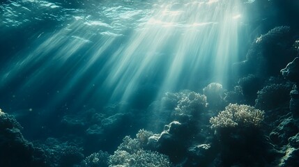 Obraz premium Mesmerizing Aquatic Realm Sunlit Depths of the Shimmering Ocean where sun dappled rays of light penetrate the vast colorful and mysterious underwater world