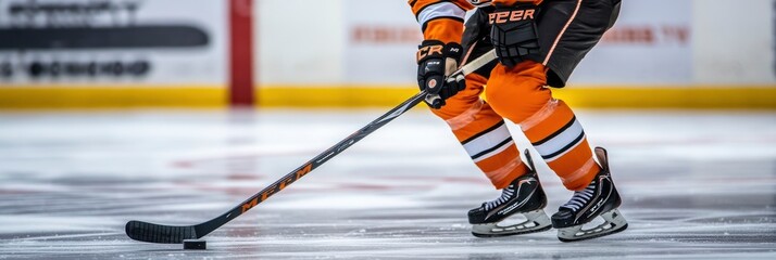 Obraz premium Close up of hockey player skating with stick and puck on play ground