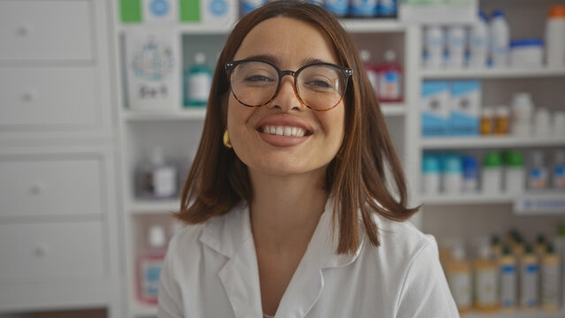 Smiling brunette woman with glasses and white coat standing in a pharmacy, showcasing a friendly atmosphere among shelves filled with pharmacy products.