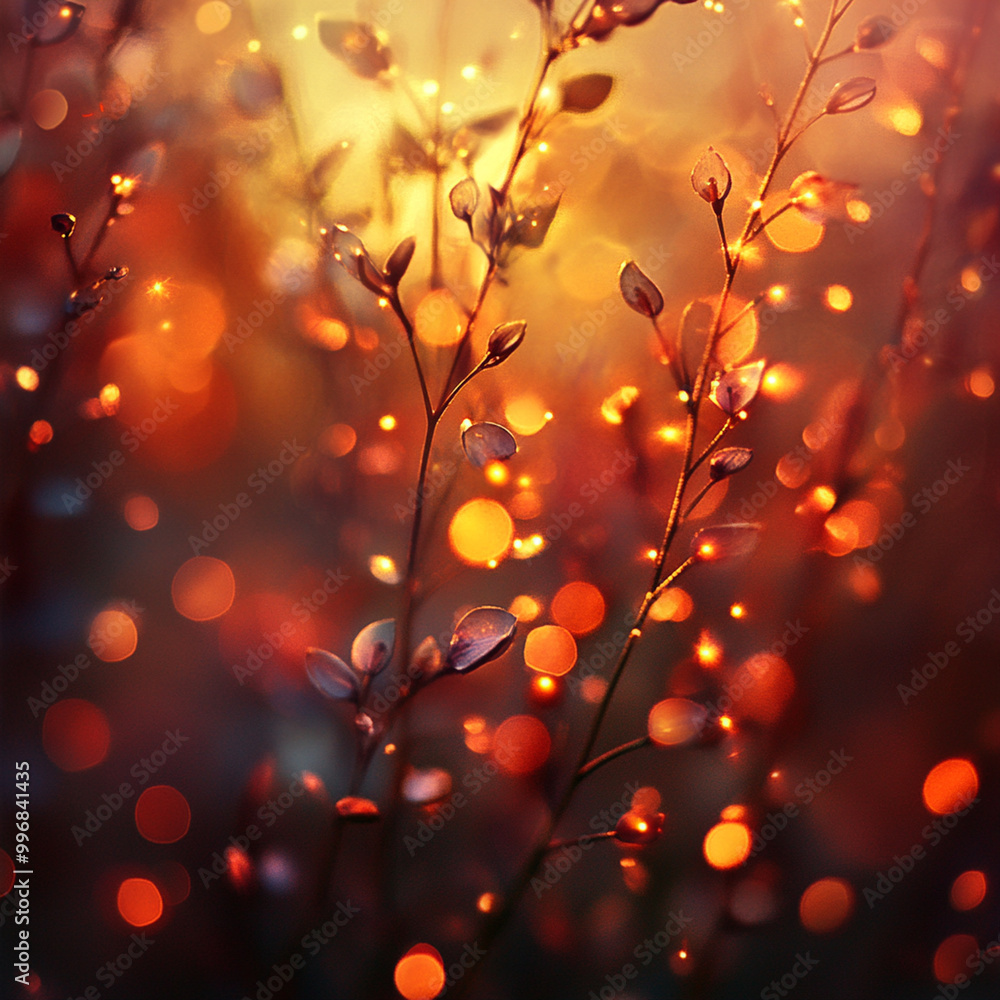 Poster Soft bokeh patterns in warm colors create an enchanting atmosphere, highlighting delicate organic shapes and shimmering droplets. This image evokes sense of tranquility and beauty