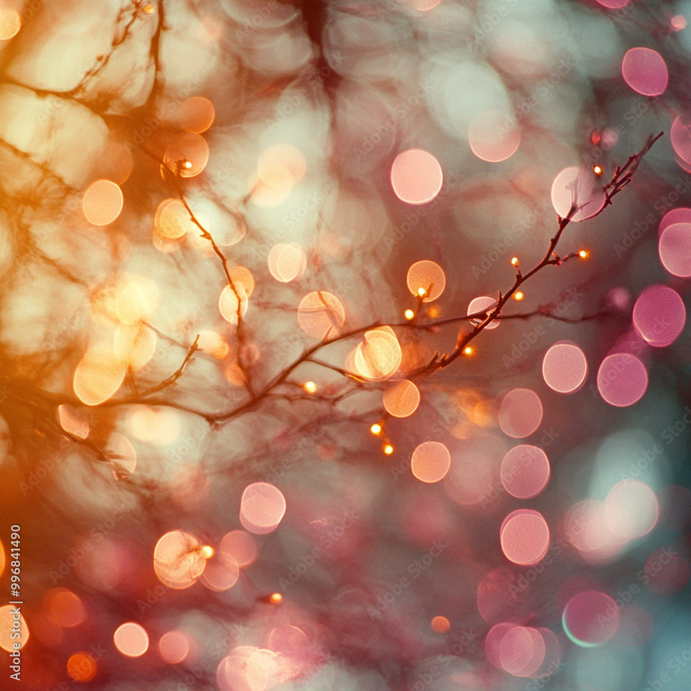 Poster soft bokeh patterns in warm colors create an organic and dreamy atmosphere, with delicate branches i