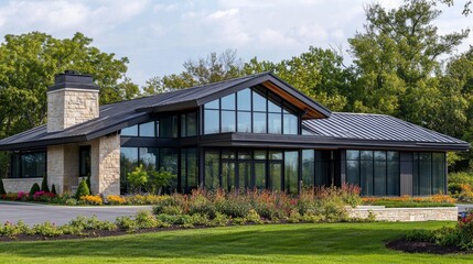 Fototapeta premium This stunning traditional home features modern design elements such as large glass windows, surrounded by lush landscaping and greenery, creating a peaceful atmosphere